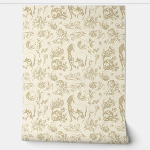 Elegant Vintage Beige Toile Horse Floral Pattern Wallpaper