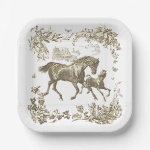 Elegant Vintage Beige White Horses Floral Paper Plate
