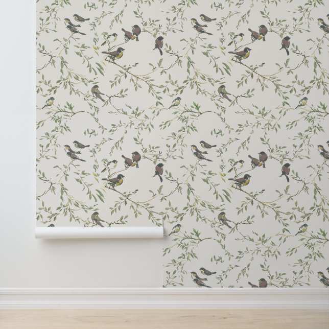 Elegant Vintage Bird and Branch Pattern  Wallpaper (Application)