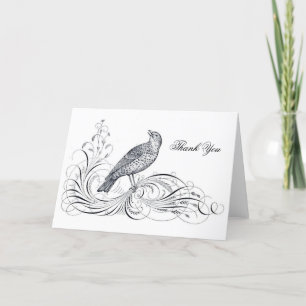 Elegant Vintage Bird Wedding Funeral Folded Black Thank You Card
