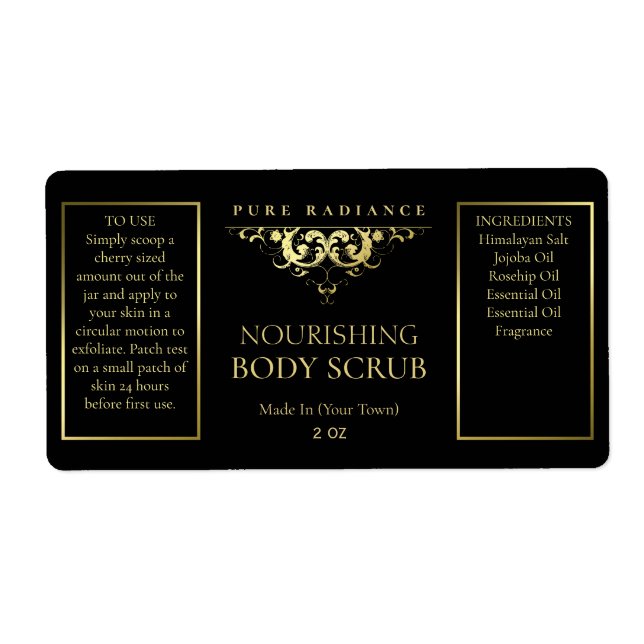 Elegant Vintage Black And Gold Body Scrub Labels (Front)