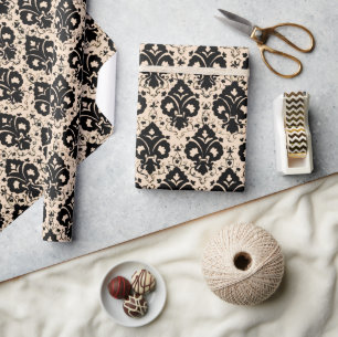Elegant Vintage Black Beige Damask Wrapping Paper