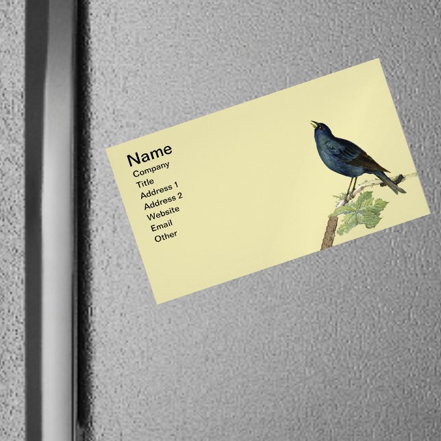 Elegant Vintage Black Bird Yellow Magnetic Business Card (Singing black bird on branch caterpillar leaves on light yellow magnetic business card.)