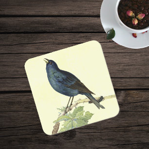 Elegant Vintage Black Bird Yellow Square Paper Coaster