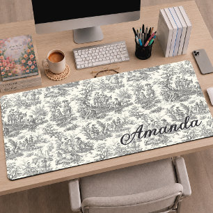 Elegant Vintage Black French Toile de Jouy Desk Mat