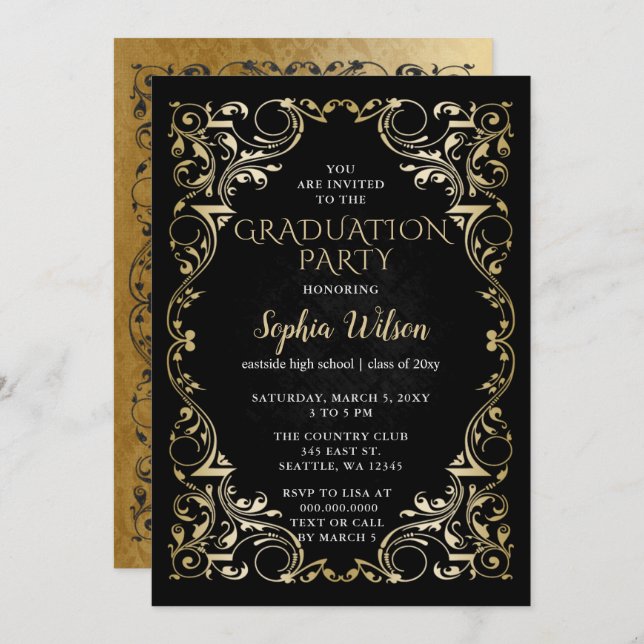 Elegant Vintage Black Gold Graduation Invitation (Front/Back)