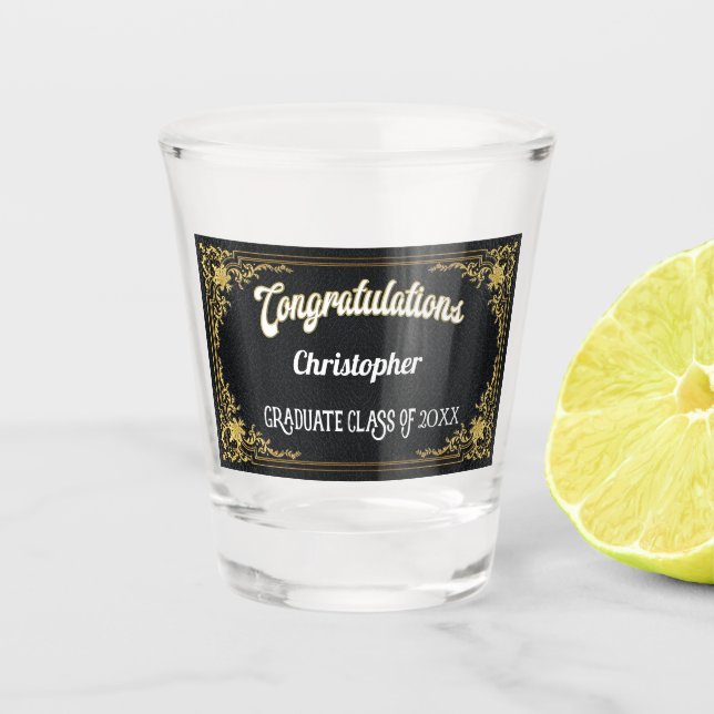 Elegant Vintage Black Gold Graduation Monogram Shot Glass (Front)