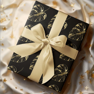 Elegant Vintage Black Gold Leaves Wedding  Wrapping Paper