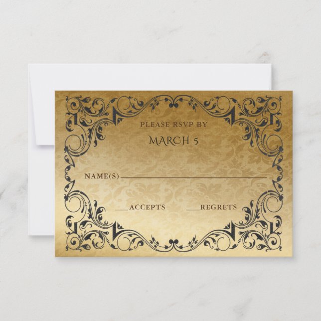 Elegant Vintage Black Gold  RSVP Card (Front)