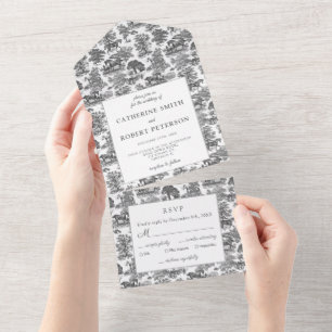 Elegant Vintage Black White Horse Toile All In One Invitation