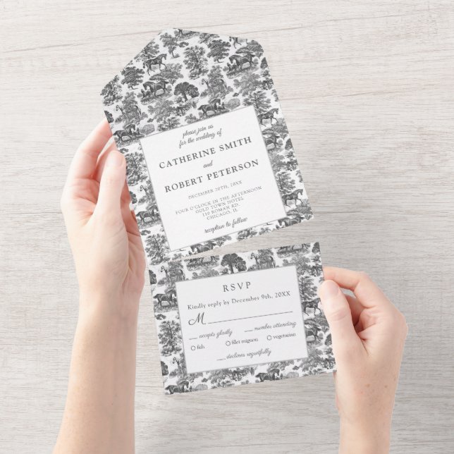 Elegant Vintage Black White Horse Toile All In One Invitation (Tearaway)