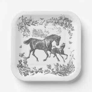 Elegant Vintage Black White Horses Floral Paper Plate