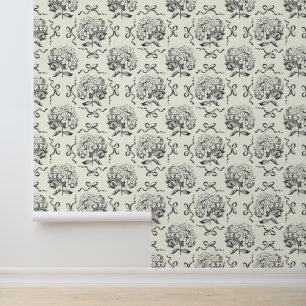 Elegant Vintage Black White Hydrangea Bow Pattern Wallpaper