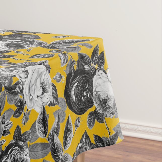 Elegant Vintage Black White Roses Mustard Yellow Tablecloth (In Situ)