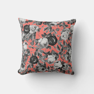 Elegant Vintage Black White Roses on Coral Floral Cushion