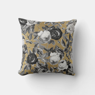 Elegant Vintage Black White Roses on Gold Cushion