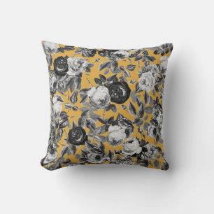 Elegant Vintage Black White Roses on Mellow Yellow Cushion