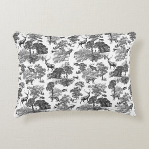 Elegant Vintage Black White Toile Deer Pattern Decorative Cushion