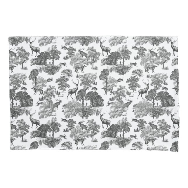 Elegant Vintage Black White Toile Deer Pattern Pillowcase (Front)