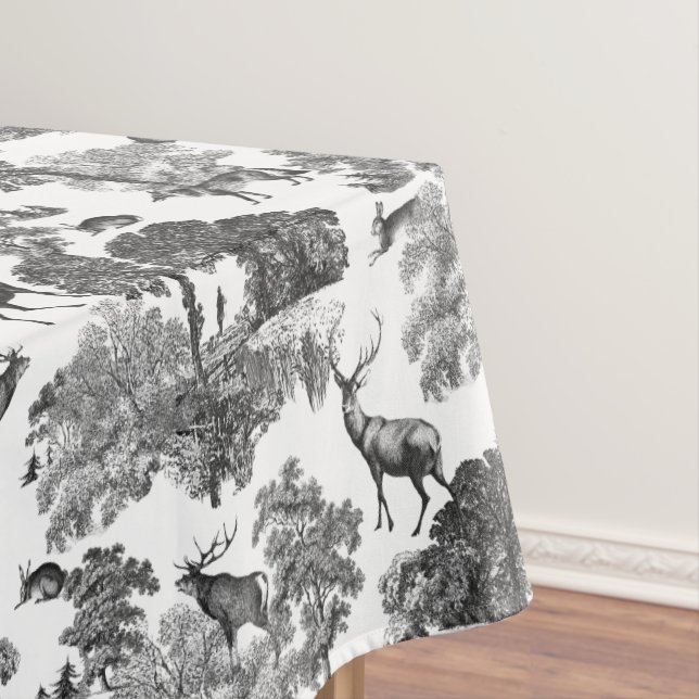 Elegant Vintage Black White Toile Deer Pattern Tablecloth (In Situ)