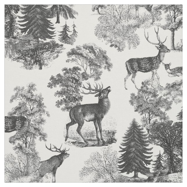 Elegant Vintage Black White Toile Deer Woodland  Fabric (Swatch)