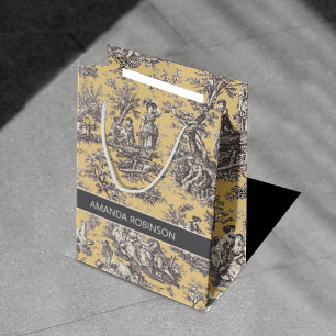 Elegant Vintage Black Yellow Toile de Jouy Medium Gift Bag