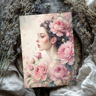 Elegant vintage blonde girl with pink peonies tissue paper