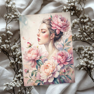 Elegant vintage blonde girl with pink peonies tissue paper