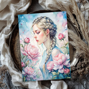 Elegant vintage blonde woman shabby pink peonies tissue paper