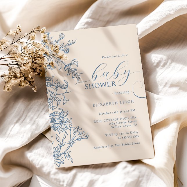 Elegant Vintage Blue Beige Baby Shower  Invitation (Creator Uploaded)
