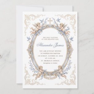 Elegant Vintage Blue Cherub Angel Baptism Invitation