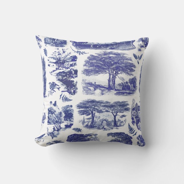 Elegant Vintage Blue Country Pastoral Toile Cushion (Front)
