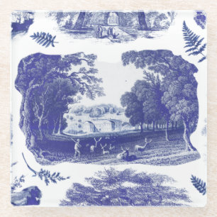 Elegant Vintage Blue Country Pastoral Toile Glass  Coaster