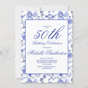Elegant Vintage Blue Floral 50th Birthday Women Invitation