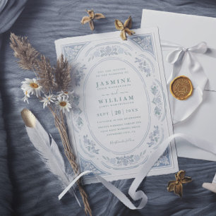 Elegant Vintage Blue Floral Chic Modern Wedding Invitation