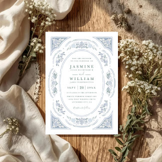 Elegant Vintage Blue Floral Chic QR Code Wedding Invitation