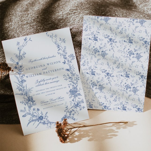 Elegant Vintage Blue Floral Jouy Wedding Invitation (Creator Uploaded)