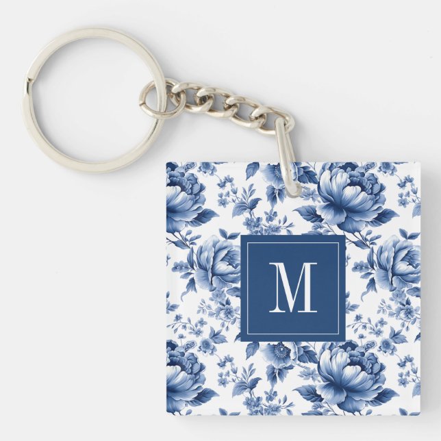 Elegant Vintage Blue Floral Monogram Key Ring (Front)