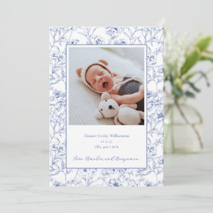 Elegant Vintage Blue Floral Photo Baby Birth Announcement