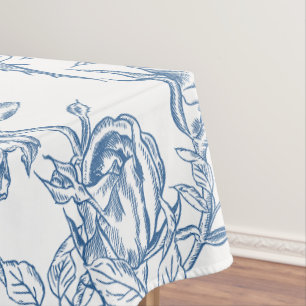 Elegant Vintage Blue Floral Toile de Jouy French Tablecloth