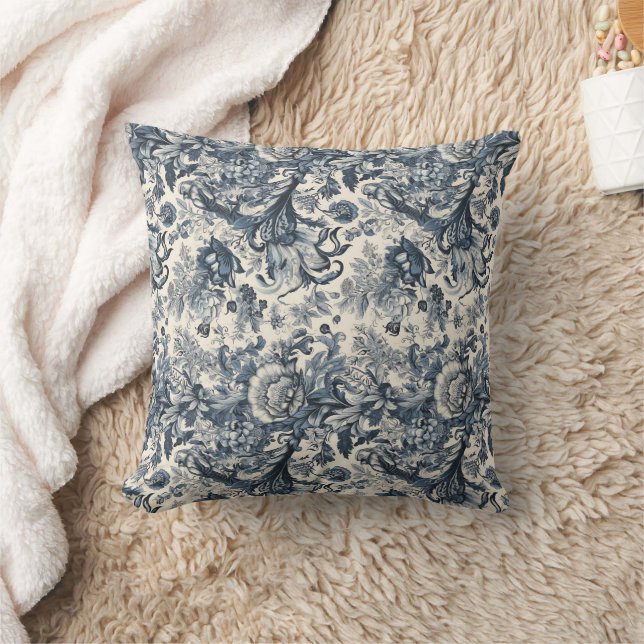 Elegant Vintage Blue Floral Toile Fleurie  Cushion (Blanket)