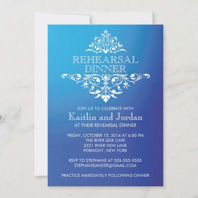Elegant Vintage Blue Flourish Rehearsal Dinner Invitation (Front)