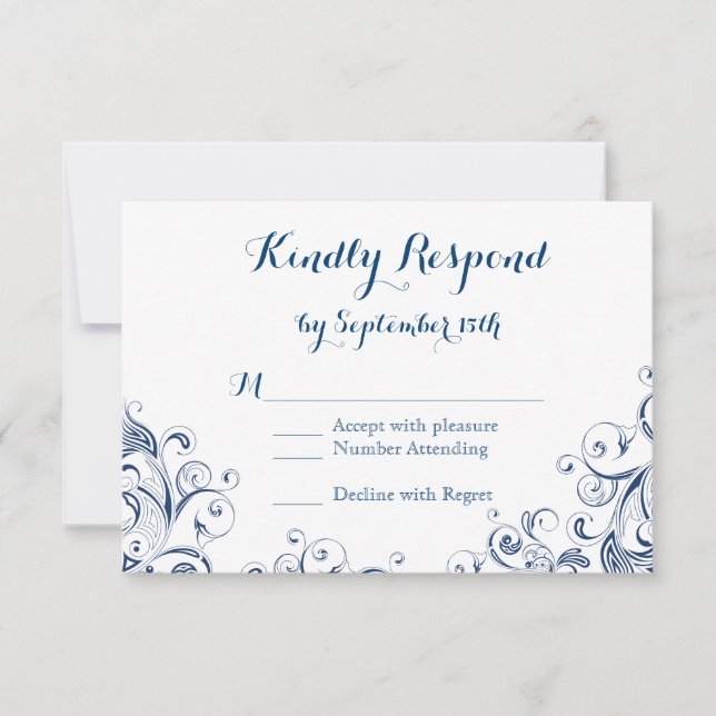 Elegant Vintage Blue Flourish Wedding RSVP Cards (Front)