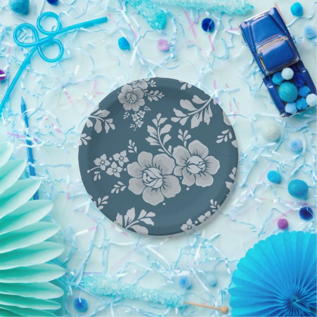 Elegant Vintage Blue Flower Pattern Paper Plate (Party)
