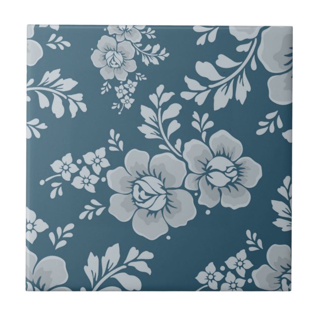 Elegant Vintage Blue Flower Pattern Tile (Front)