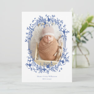 Elegant Vintage Blue Frame Photo Baby Birth Announcement