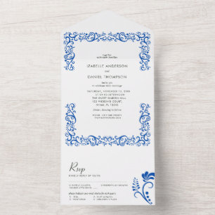 Elegant Vintage Blue Frame Wedding All In One Invitation