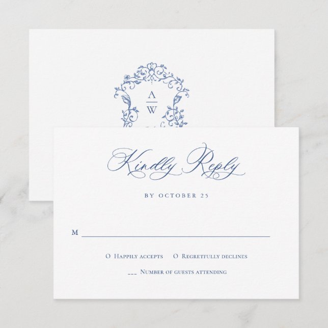 Elegant Vintage Blue French Garden Floral Wedding RSVP Card (Front/Back)