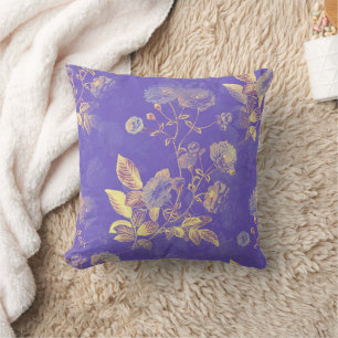 Elegant Vintage Blue Gold Floral Illustration Cushion