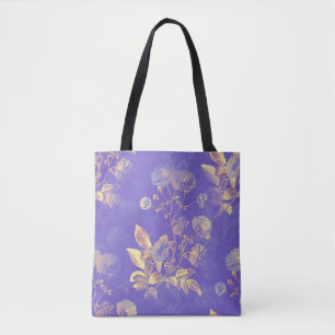 Elegant Vintage Blue Gold Floral Illustration Tote Bag